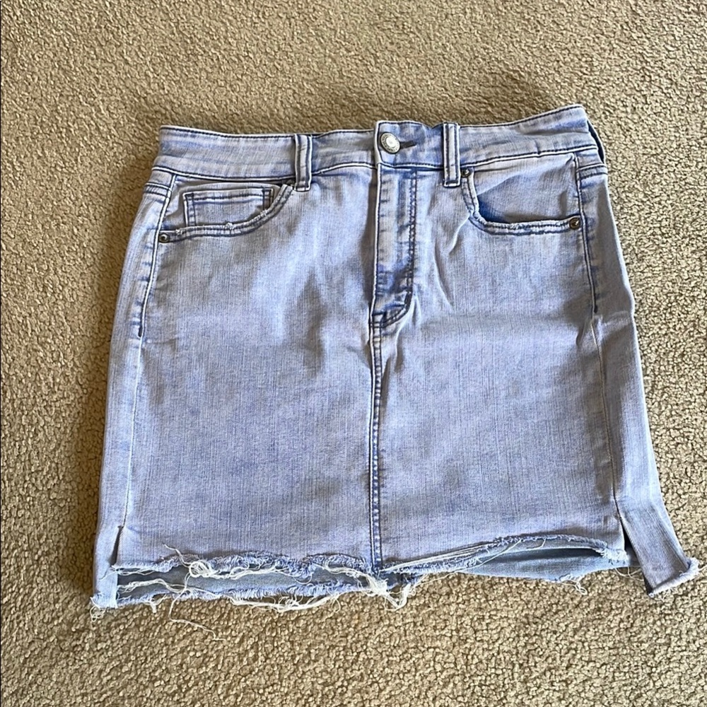 Light Blue Denim Skirt with Frayed Hem